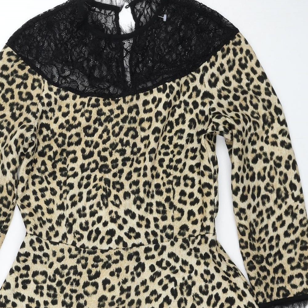 Zara Womens Beige Animal Print Polyester Fit & Flare Size S Round Neck Zip - Leopard Pattern