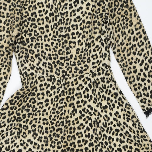 Zara Womens Beige Animal Print Polyester Fit & Flare Size S Round Neck Zip - Leopard Pattern