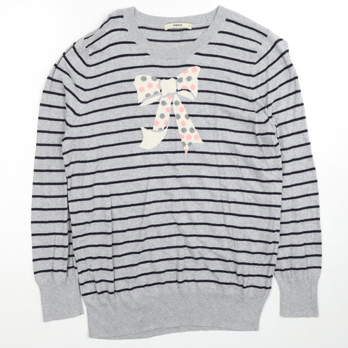Oasis Womens Grey Round Neck Striped Cotton Pullover Jumper Size M - Ribbon