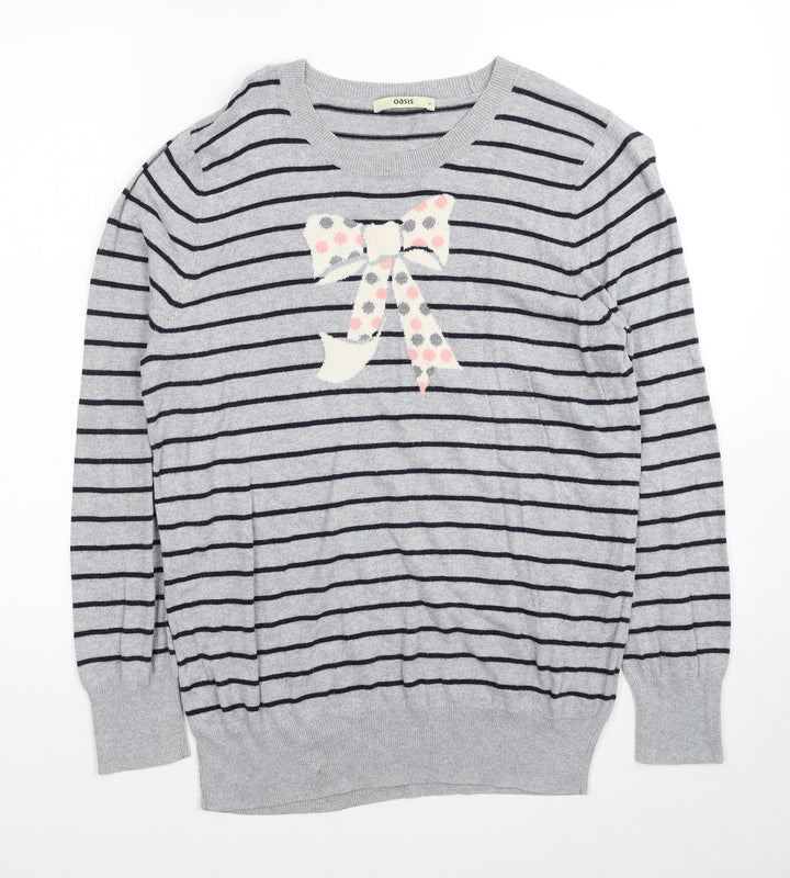 Oasis Womens Grey Round Neck Striped Cotton Pullover Jumper Size M - Ribbon