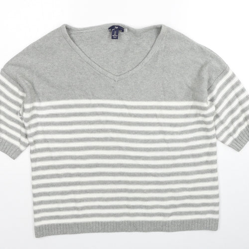 Gap Womens Grey V-Neck Striped Cotton Pullover Jumper Size L