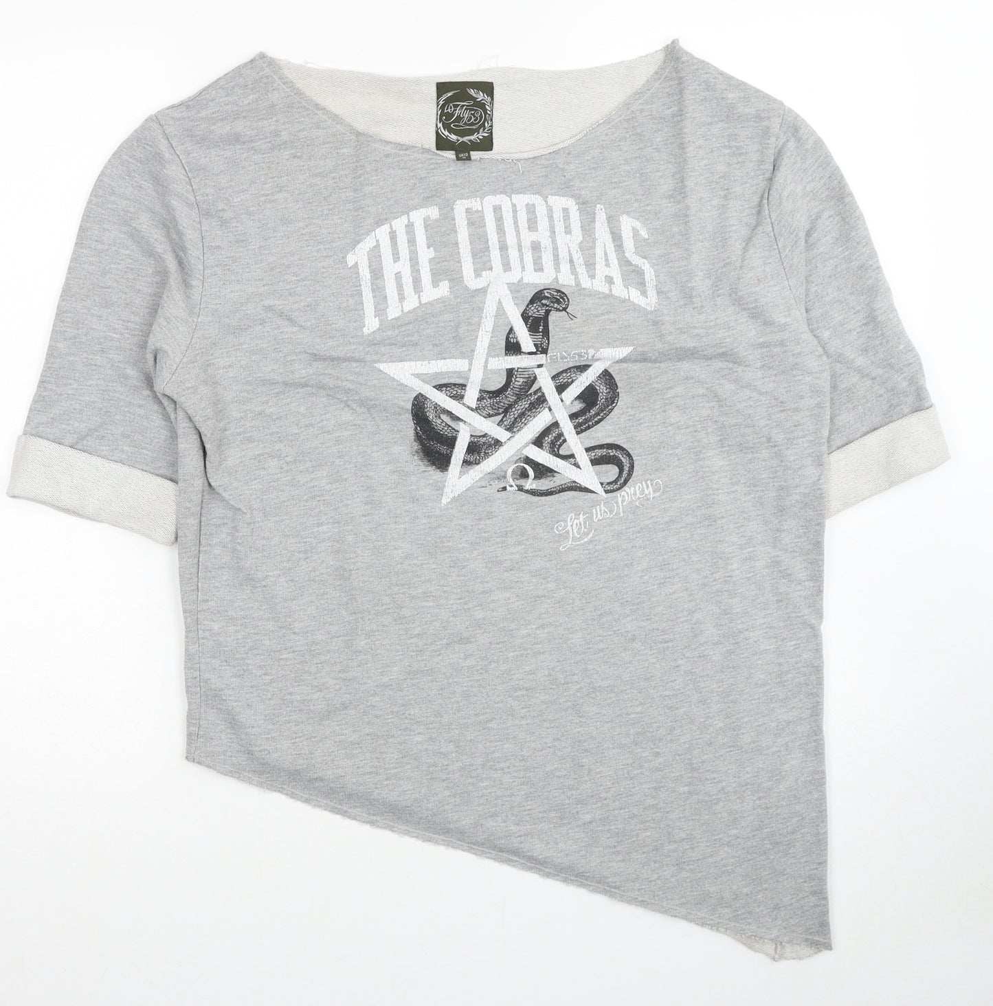 FLY53 Womens Grey Cotton Basic T-Shirt Size 12 Boat Neck - The Cobras, Asymmteric