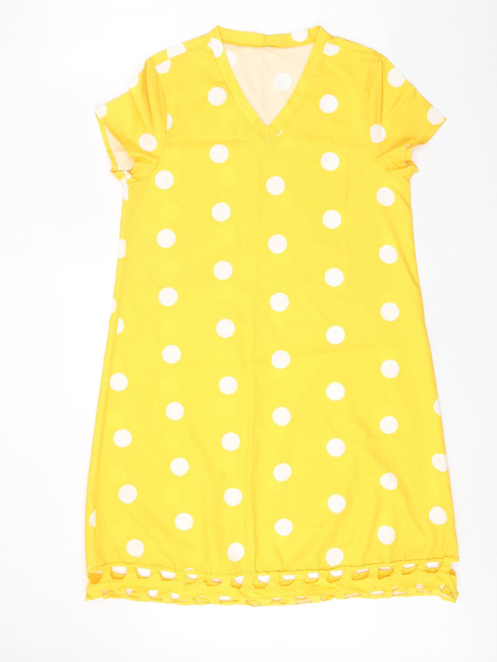 Preworn Womens Yellow Polka Dot Polyester T-Shirt Dress Size S V-Neck Pullover
