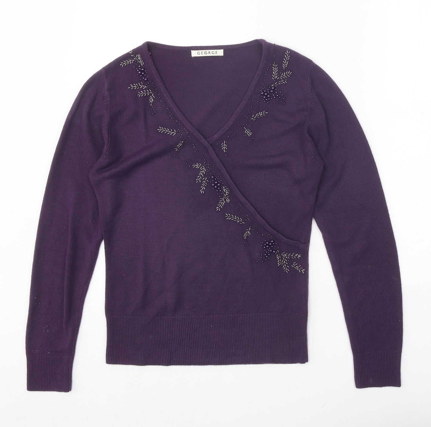 George Womens Purple V-Neck Acrylic Pullover Jumper Size 12