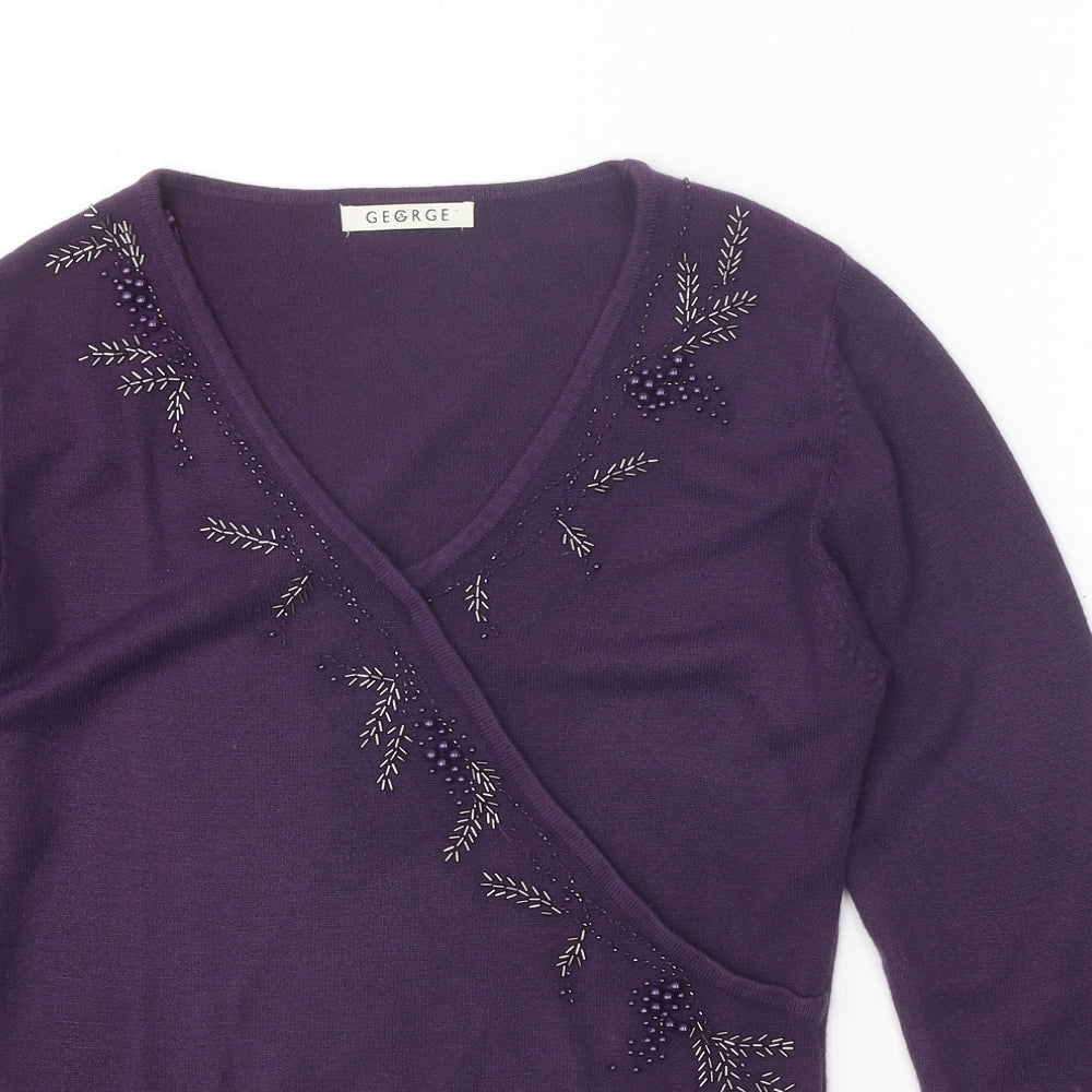 George Womens Purple V-Neck Acrylic Pullover Jumper Size 12