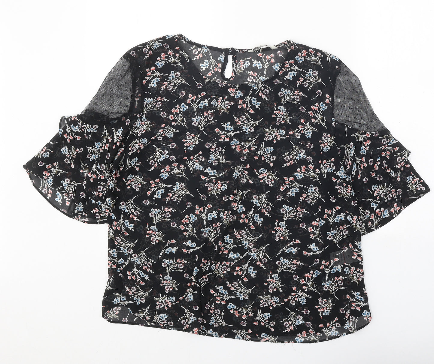 Peacocks Womens Black Geometric Polyester Basic Blouse Size 16 Round Neck - Lace Detail