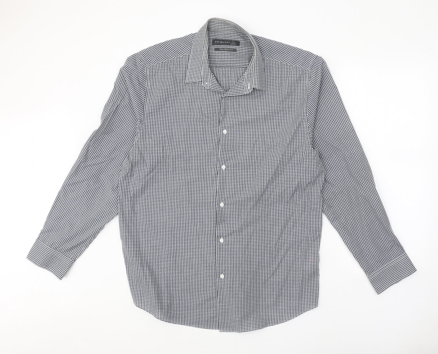Primark Mens Blue Check Polyester Button-Up Size 17 Collared Button