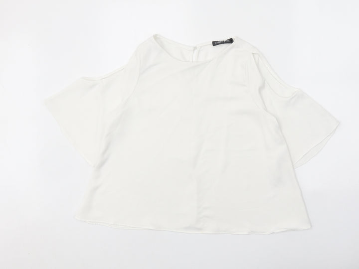 Cameo Rose Womens White Polyester Basic Blouse Size 10 Round Neck - Cold Shoulder