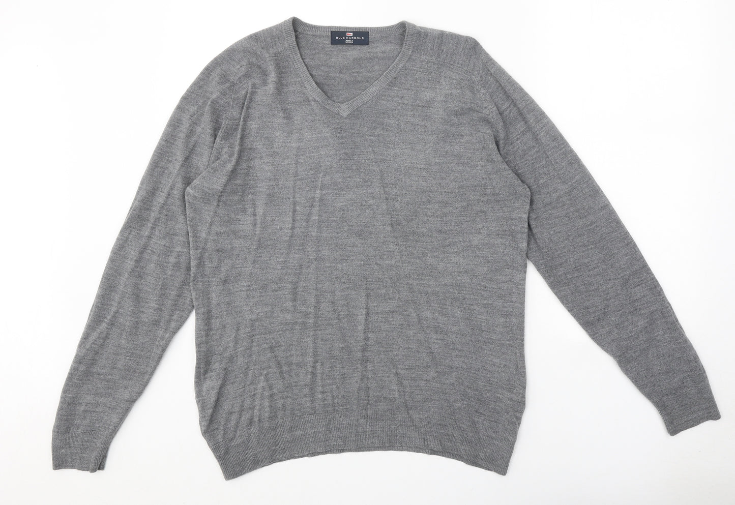 Blue Harbour Mens Grey V-Neck Acrylic Pullover Jumper Size S Long Sleeve