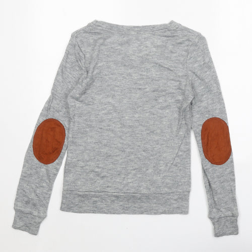 Glamourous Womens Grey Round Neck Acrylic Pullover Jumper Size 8 - Elbow Patches