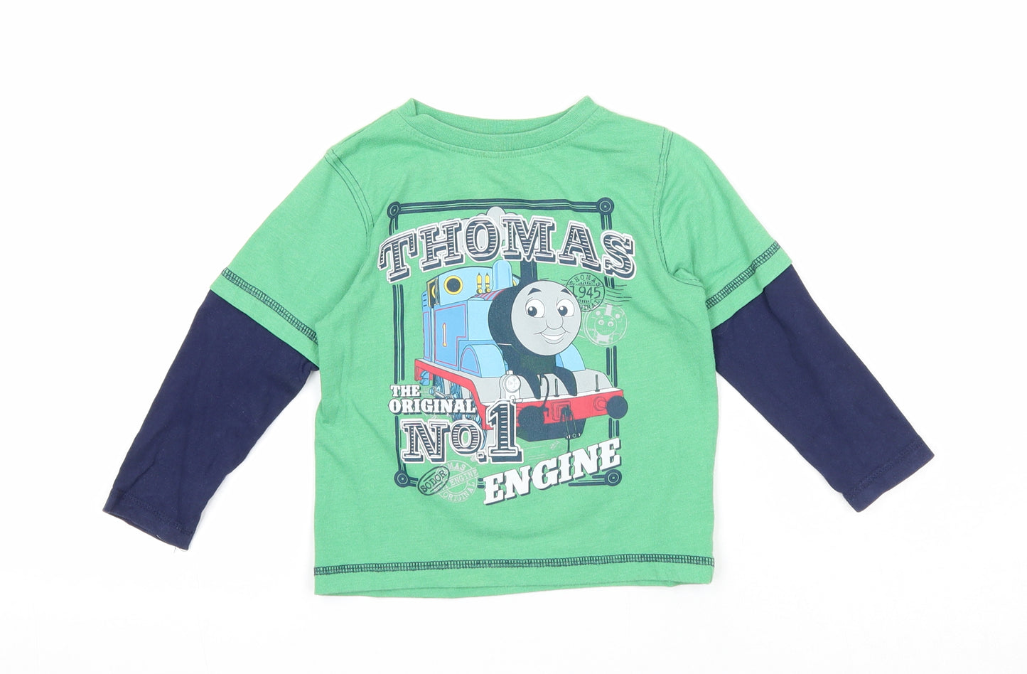Nutmeg Boys Green Cotton Pullover T-Shirt Size 18-24 Months Round Neck Pullover - Thomas The Tank Engine