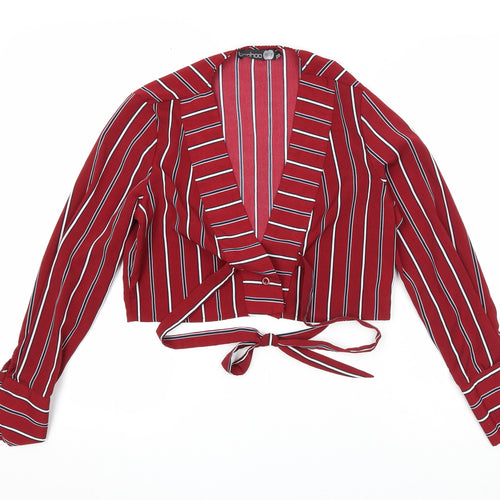 Boohoo Womens Red Striped Polyester Basic Blouse Size 10 V-Neck