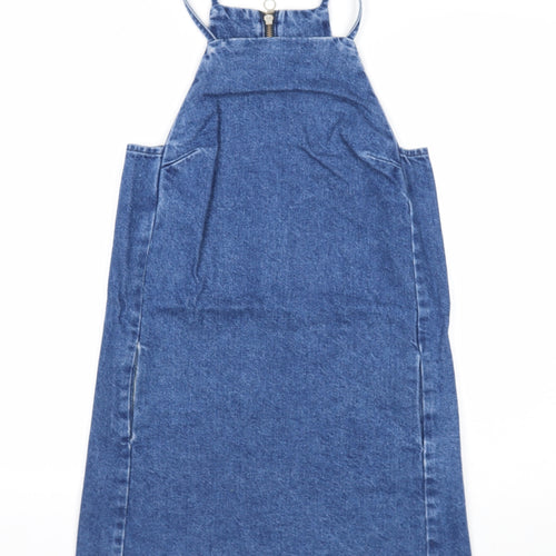 Topshop Womens Blue Cotton Pinafore/Dungaree Dress Size 6 Square Neck Zip
