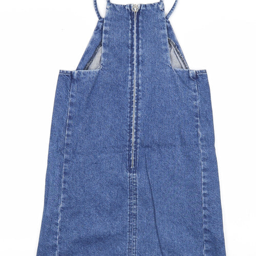Topshop Womens Blue Cotton Pinafore/Dungaree Dress Size 6 Square Neck Zip