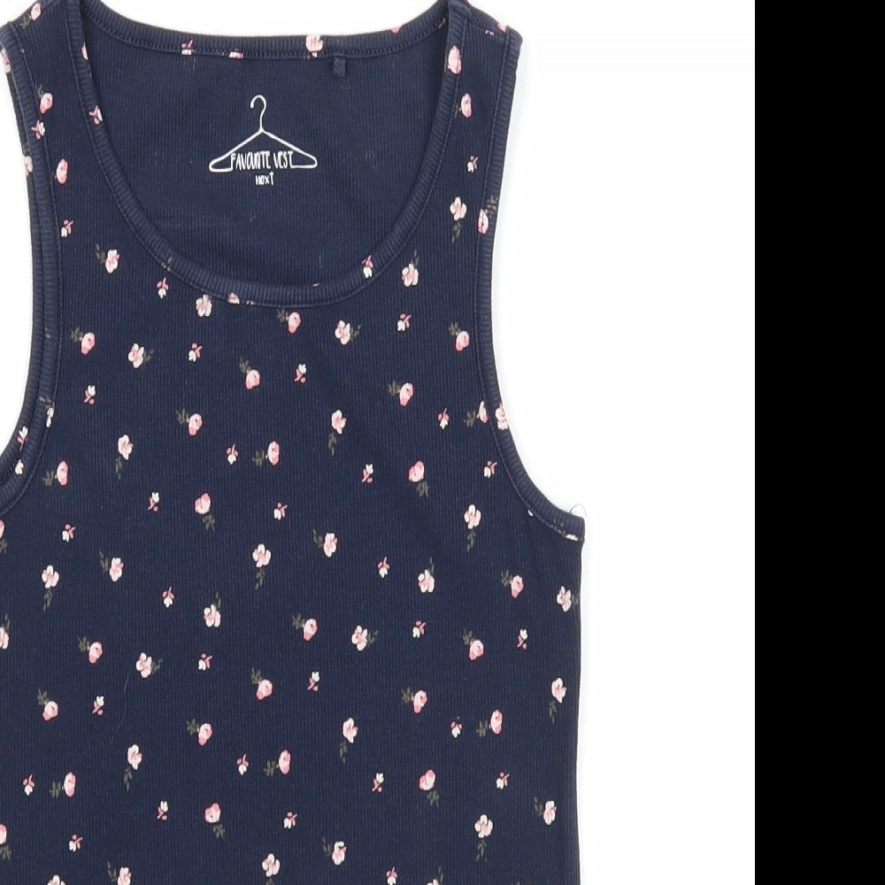NEXT Girls Blue Floral Cotton Basic Tank Size 10 Years Scoop Neck Pullover - Ribbed