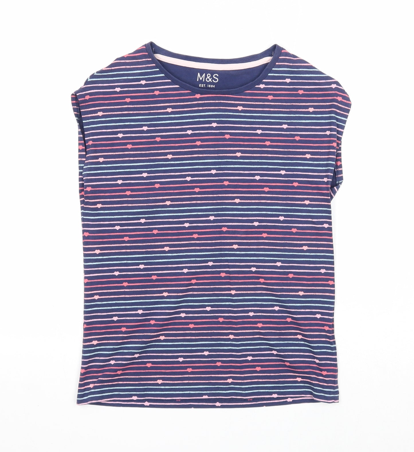 Marks and Spencer Girls Blue Striped Cotton Basic T-Shirt Size 10-11 Years Scoop Neck Pullover - Hearts