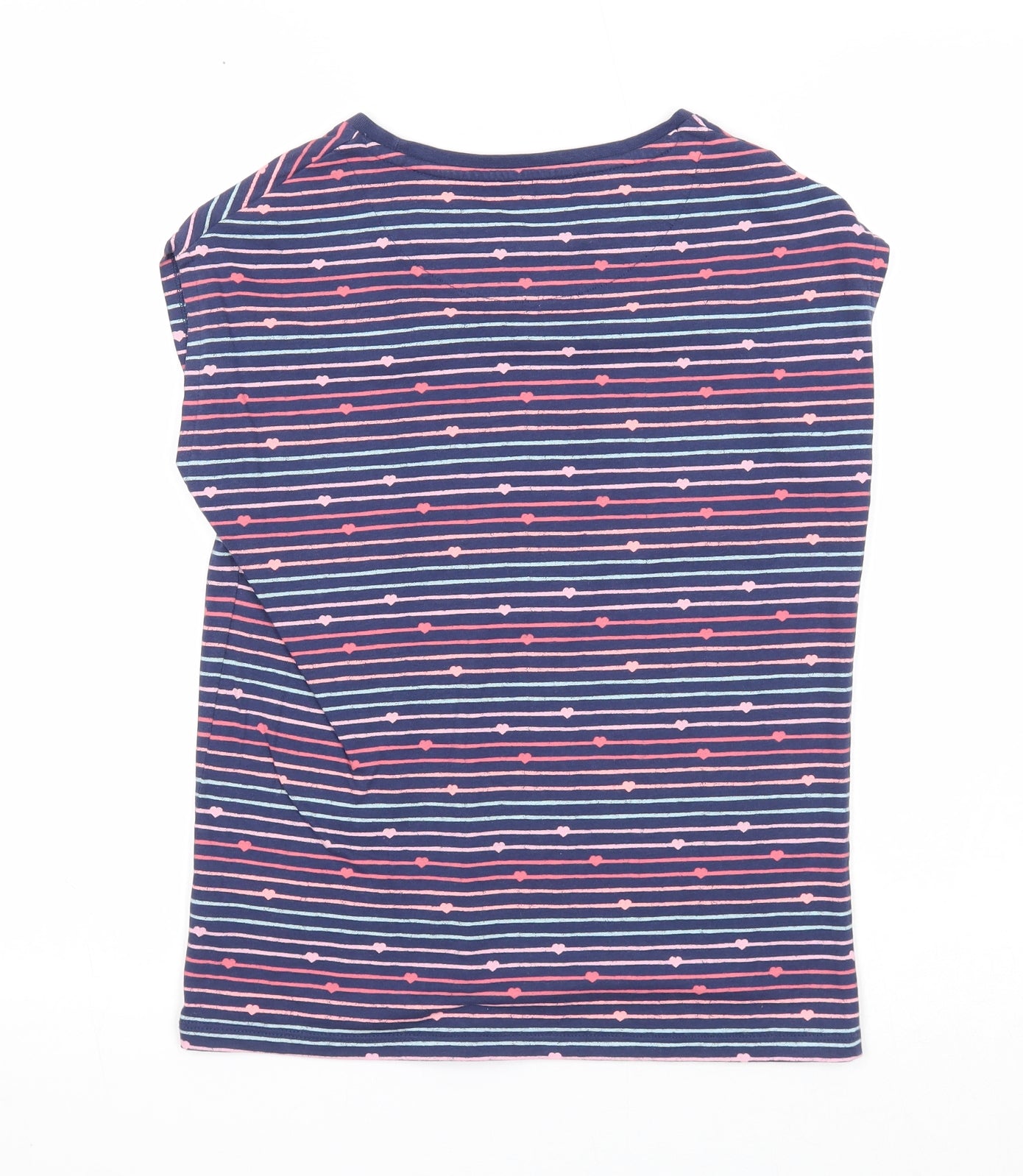 Marks and Spencer Girls Blue Striped Cotton Basic T-Shirt Size 10-11 Years Scoop Neck Pullover - Hearts
