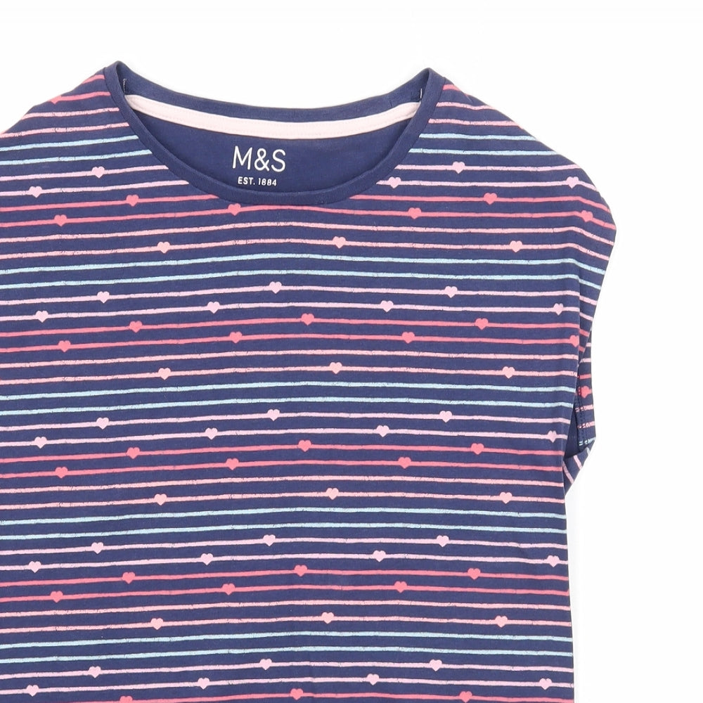 Marks and Spencer Girls Blue Striped Cotton Basic T-Shirt Size 10-11 Years Scoop Neck Pullover - Hearts