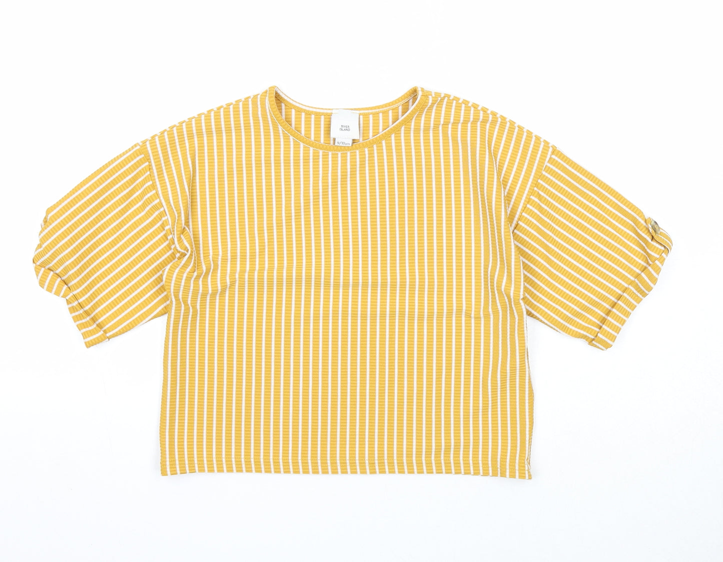River Island Girls Yellow Striped Polyester Basic T-Shirt Size 9-10 Years Scoop Neck Pullover