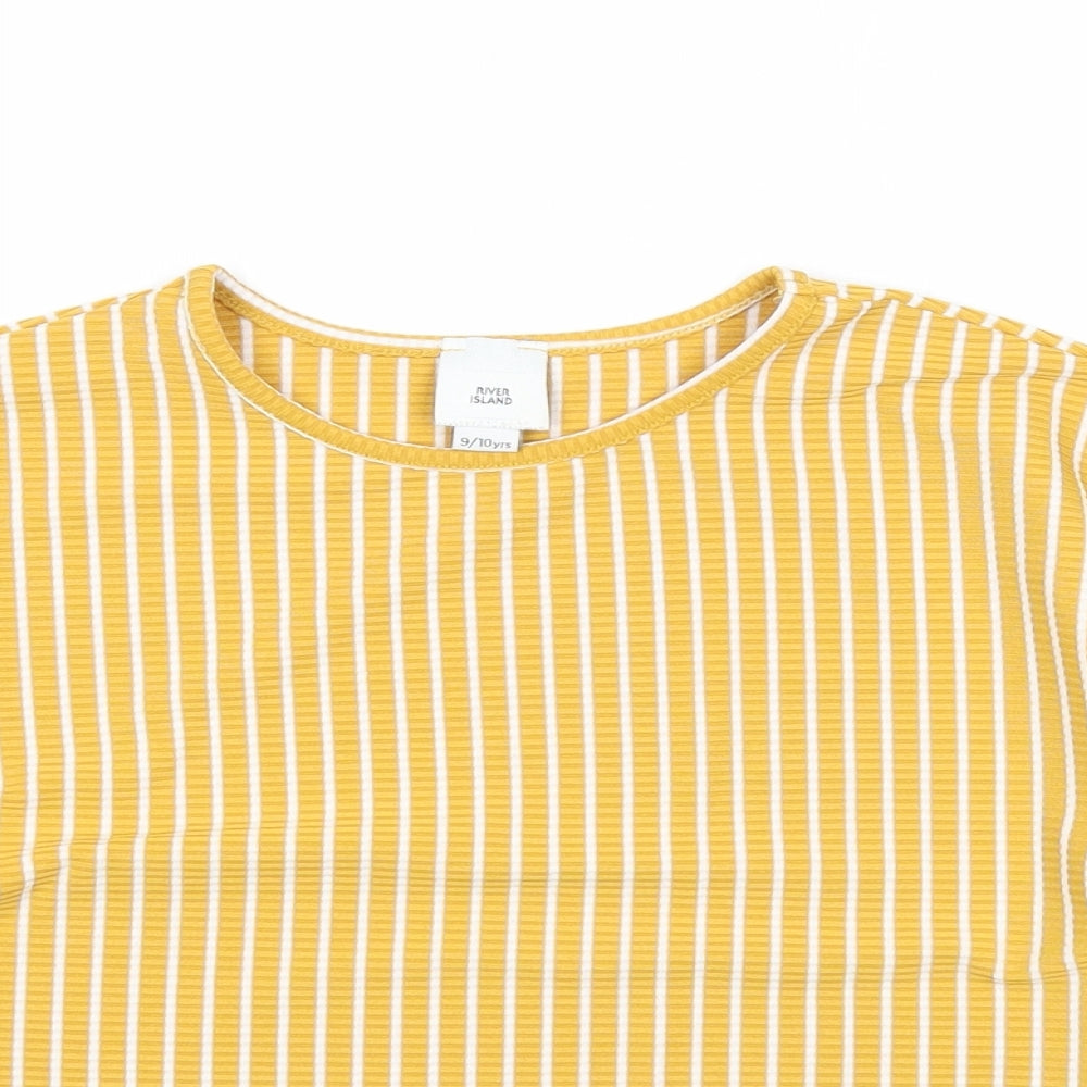 River Island Girls Yellow Striped Polyester Basic T-Shirt Size 9-10 Years Scoop Neck Pullover