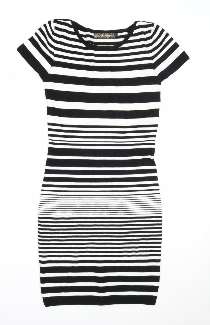 QED London Womens Black Striped Viscose A-Line Size S Round Neck Pullover