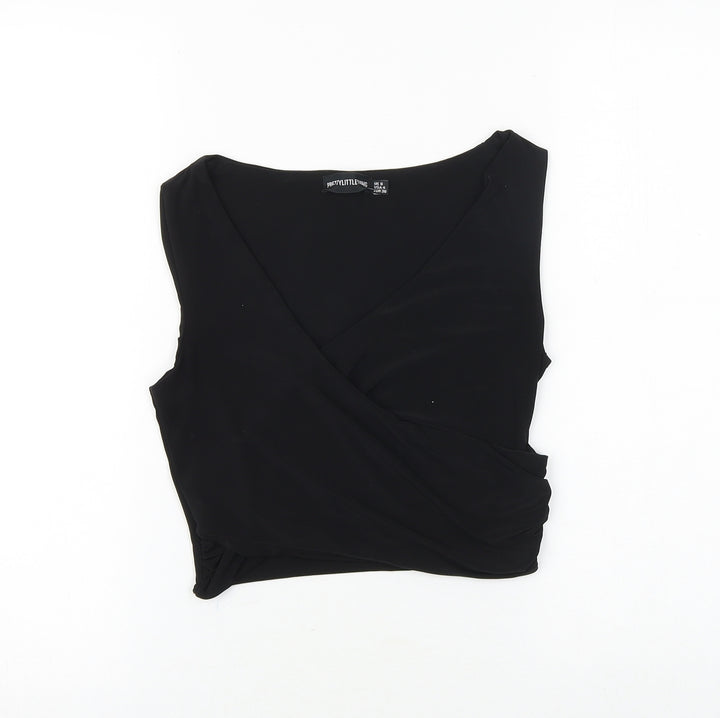 PRETTYLITTLETHING Womens Black Polyester Basic Tank Size 8 V-Neck