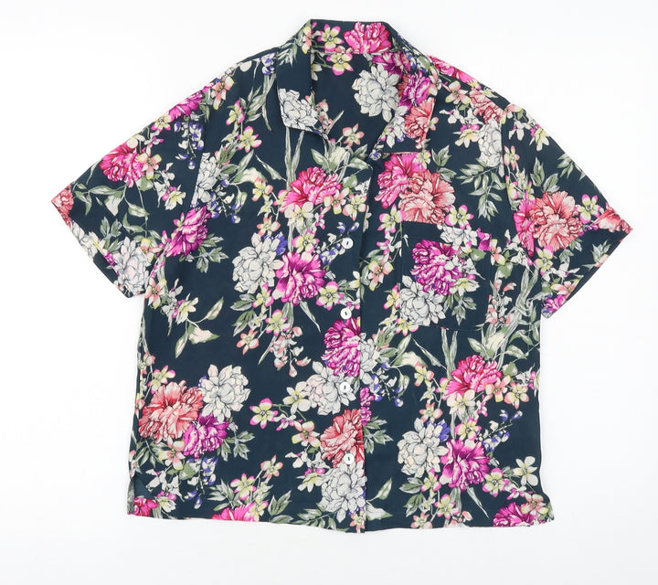 Marks and Spencer Womens Blue Floral Polyester Basic Button-Up Size 6 Collared