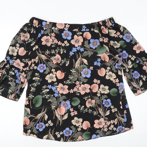 F&F Womens Black Floral Polyester Basic Blouse Size 8 Off the Shoulder