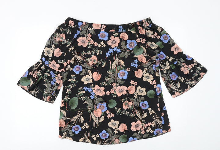 F&F Womens Black Floral Polyester Basic Blouse Size 8 Off the Shoulder