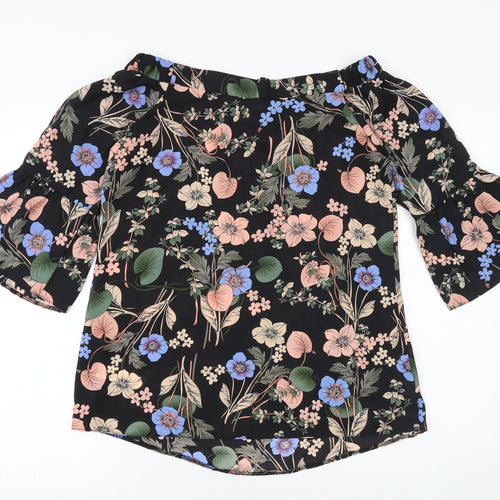 F&F Womens Black Floral Polyester Basic Blouse Size 8 Off the Shoulder