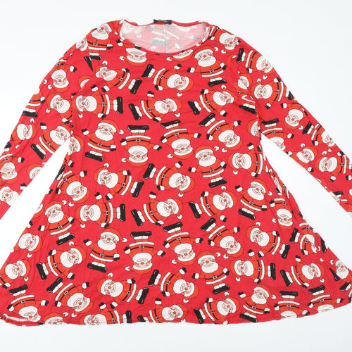 Sara Womens Red Geometric Viscose Trapeze & Swing Size S Round Neck Pullover - Father Christmas Pattern