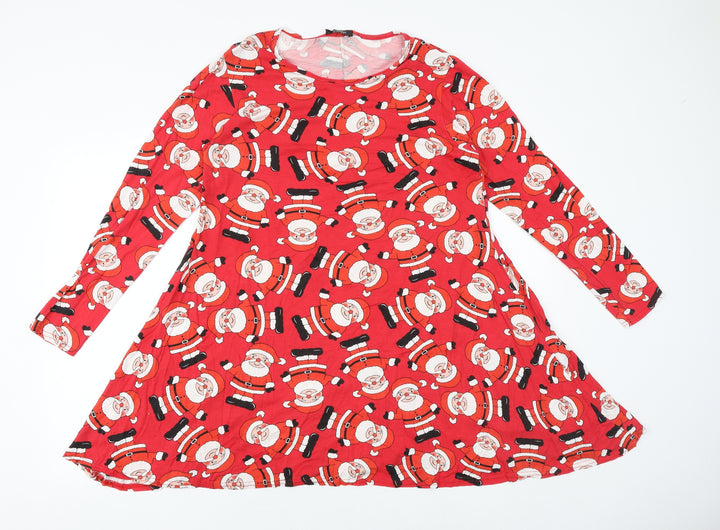 Sara Womens Red Geometric Viscose Trapeze & Swing Size S Round Neck Pullover - Father Christmas Pattern