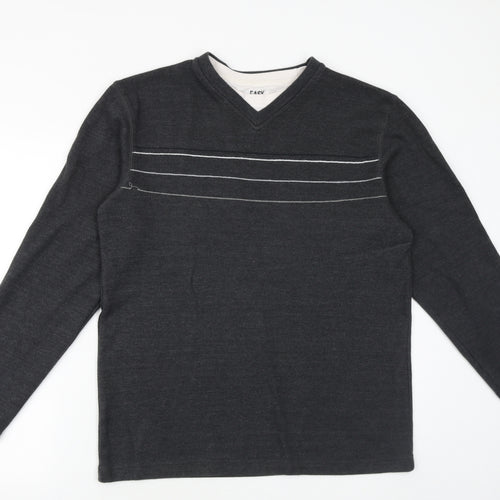 Easy Mens Grey V-Neck Cotton Pullover Jumper Size L Long Sleeve