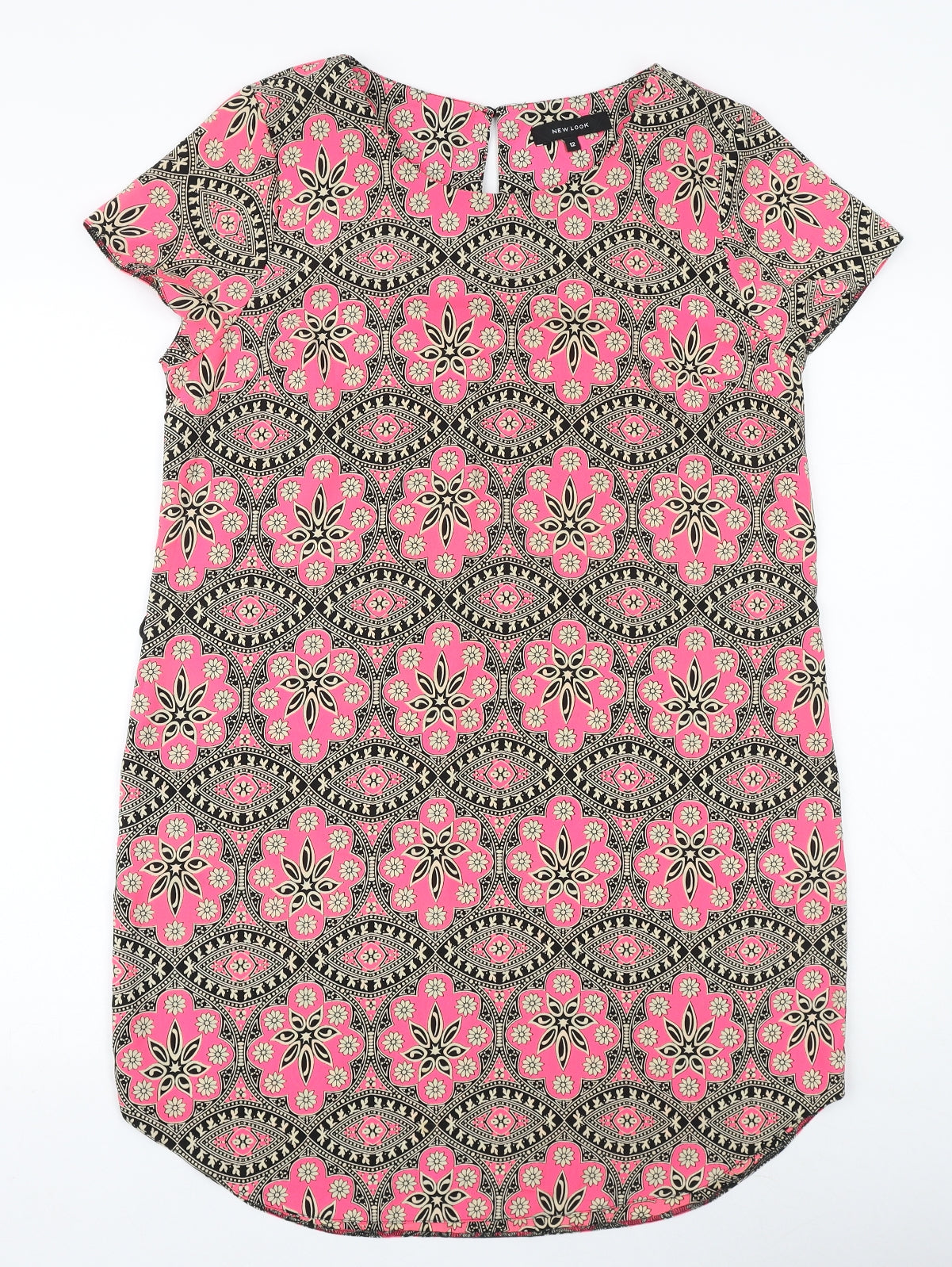 New Look Womens Multicoloured Geometric Polyester T-Shirt Dress Size 12 Boat Neck Button