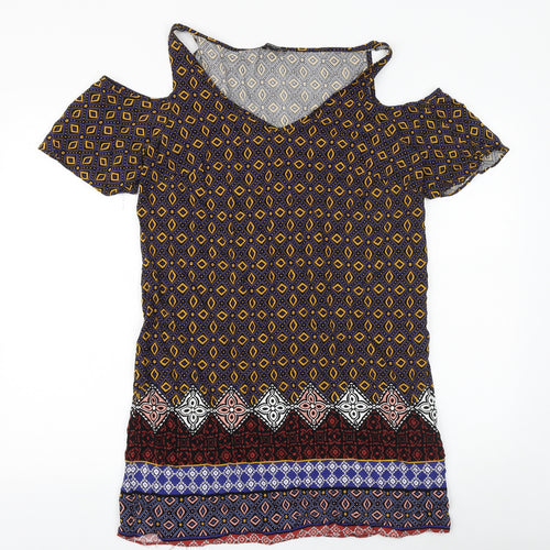Papaya Womens Multicoloured Geometric Viscose T-Shirt Dress Size 12 V-Neck Pullover - Cold Shoulder