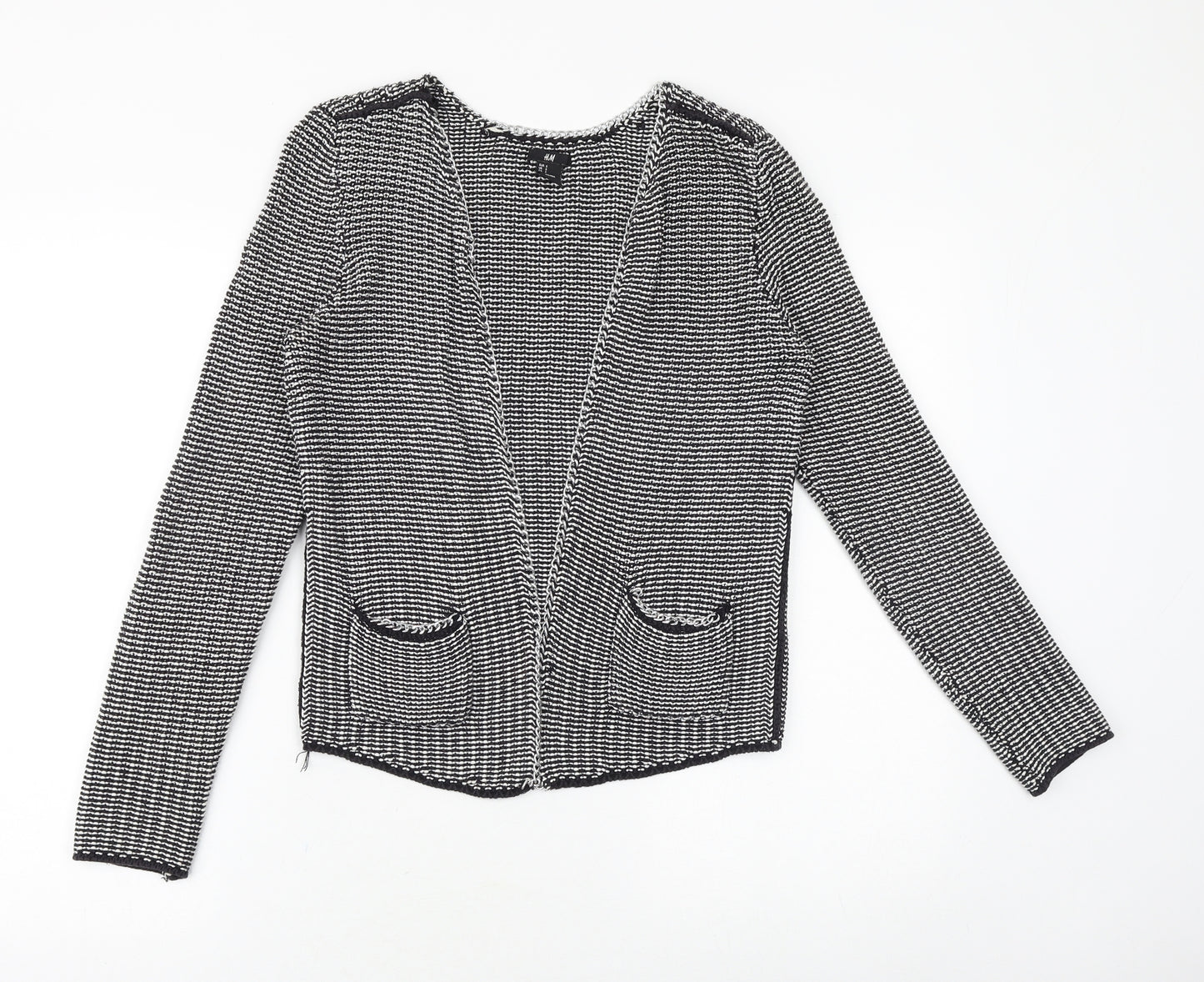 H&M Womens Black V-Neck Geometric 100% Cotton Cardigan Jumper Size S - Chain Detail