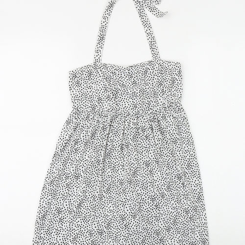 PRETTYLITTLETHING Womens White Geometric Polyester A-Line Size 12 Halter Tie - Broderie Anglaise
