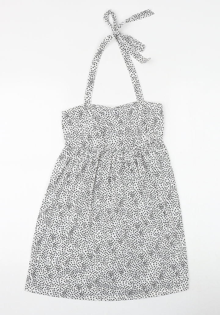PRETTYLITTLETHING Womens White Geometric Polyester A-Line Size 12 Halter Tie - Broderie Anglaise