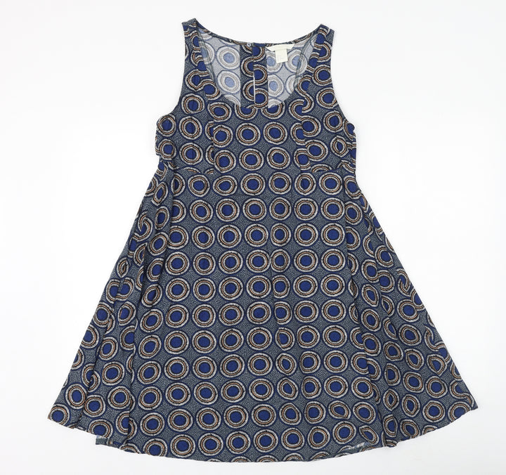 H&M Womens Blue Geometric Viscose A-Line Size 6 Scoop Neck Pullover
