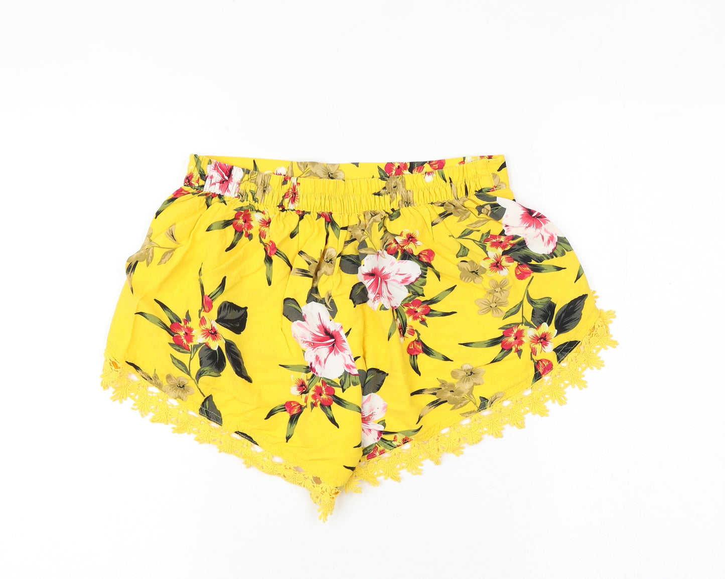 Peacocks Womens Yellow Floral Viscose Basic Shorts Size 8 Regular Pull On