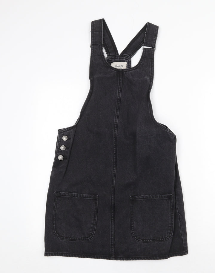 Denim & Co. Womens Grey Cotton Pinafore/Dungaree Dress Size 8 Scoop Neck Buckle