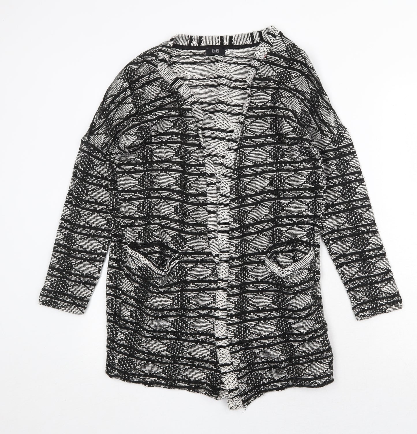 F&F Womens Black V-Neck Geometric Cotton Cardigan Jumper Size 8