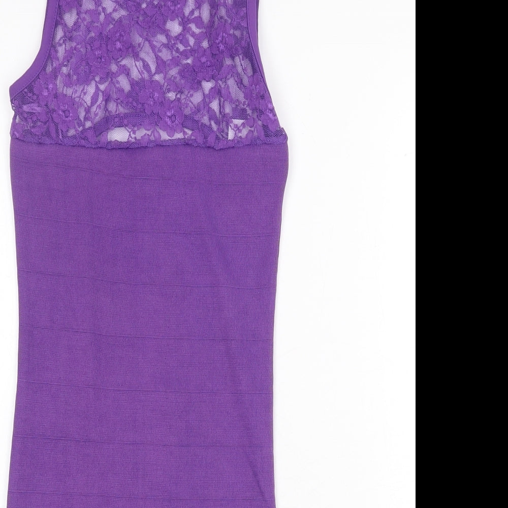 PK Clothing Womens Purple Polyester Bodycon Size S Scoop Neck Pullover - Lace Panel