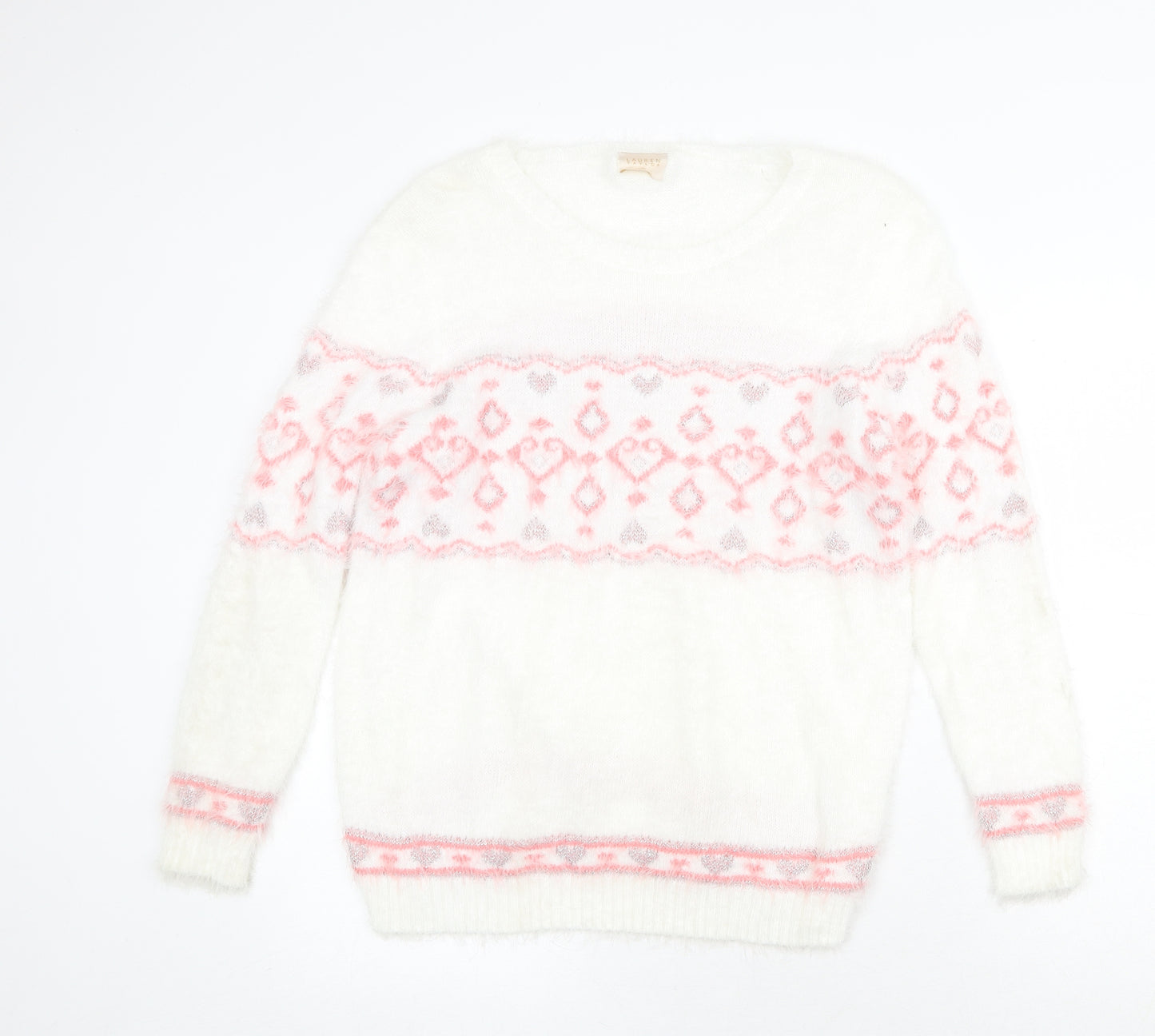 Lauren Taylor Womens White Round Neck Fair Isle Polyamide Pullover Jumper Size L