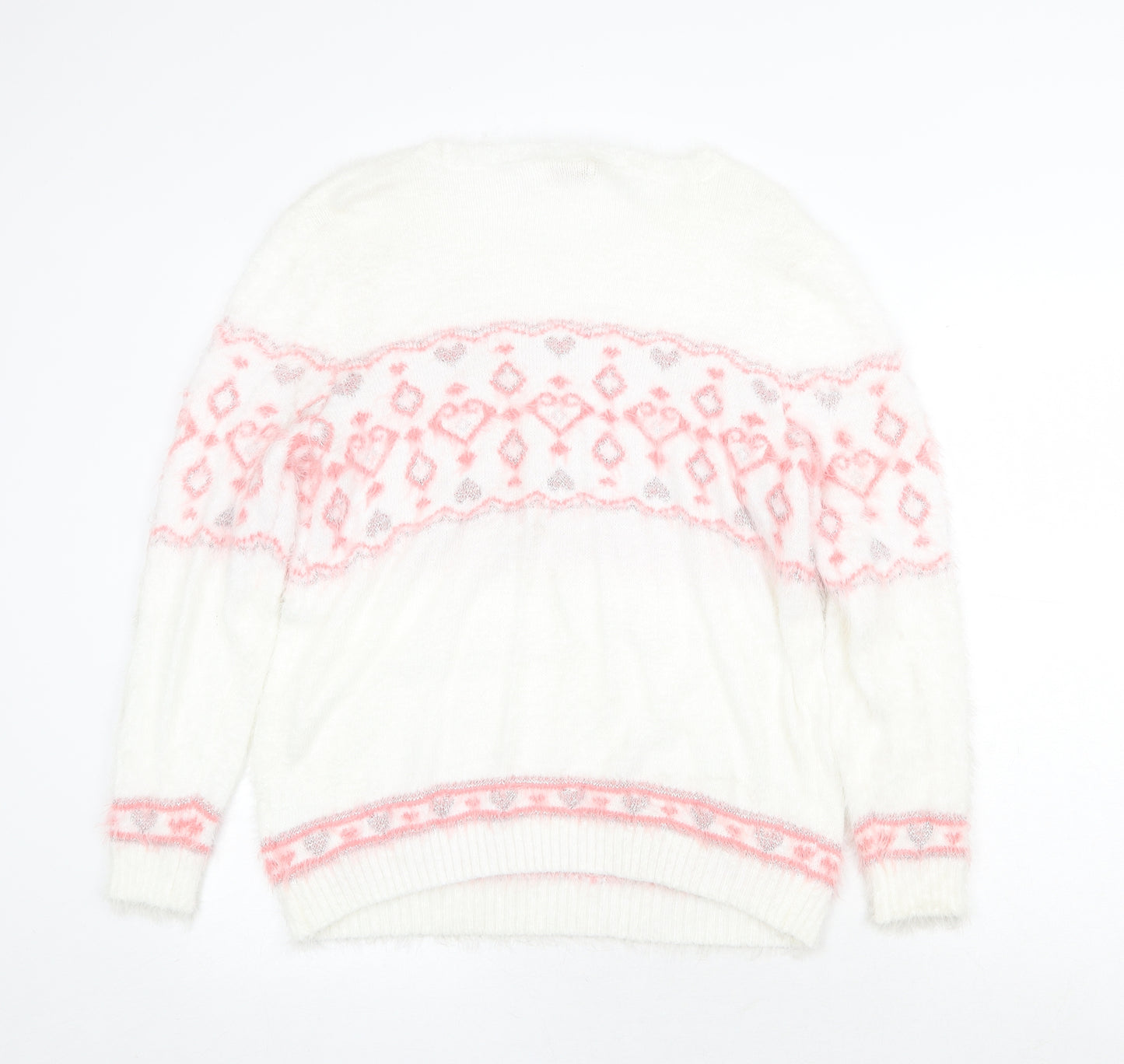 Lauren Taylor Womens White Round Neck Fair Isle Polyamide Pullover Jumper Size L