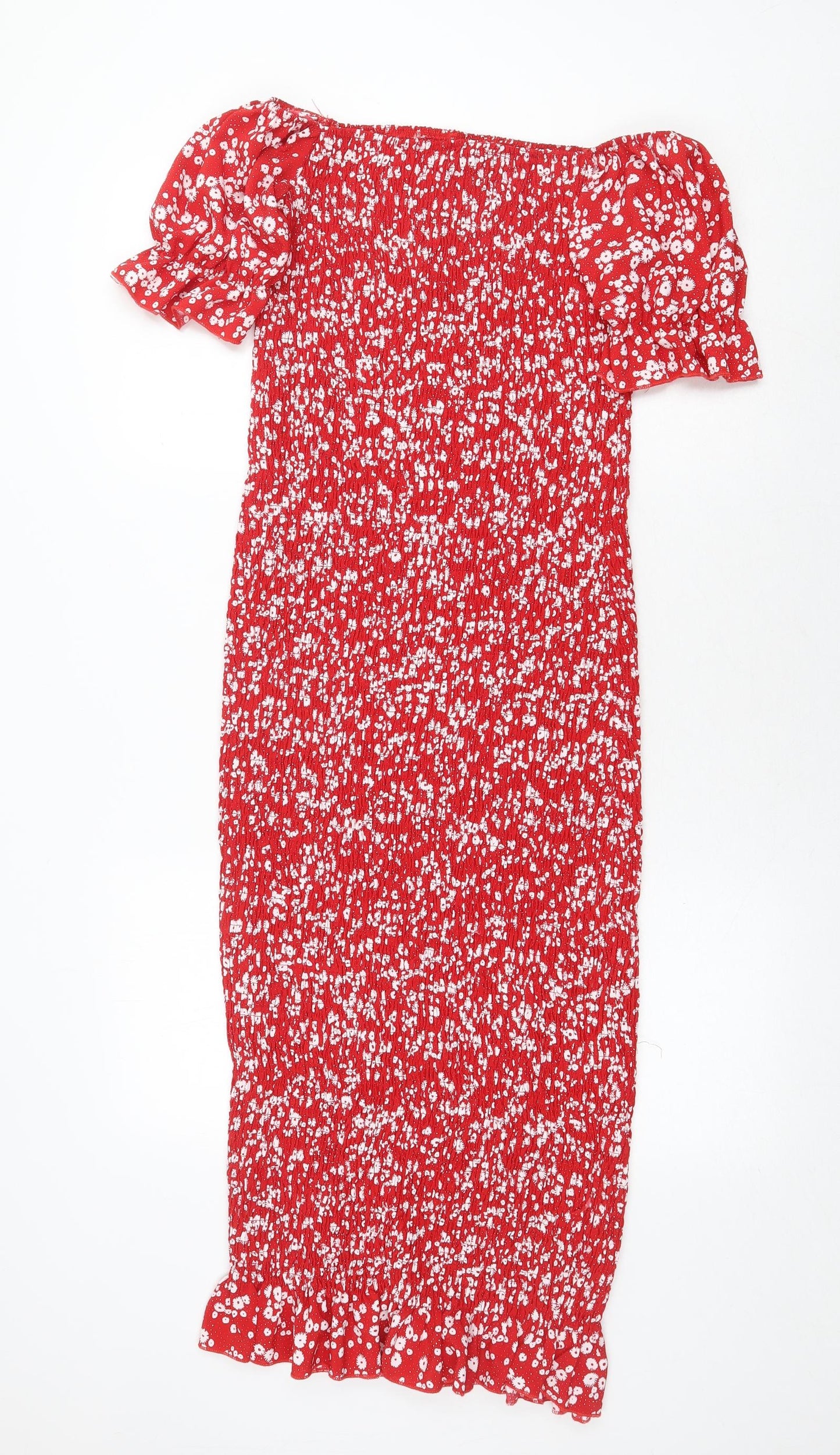SheIn Womens Red Floral Polyester Bodycon Size M Off the Shoulder Pullover - Shirred