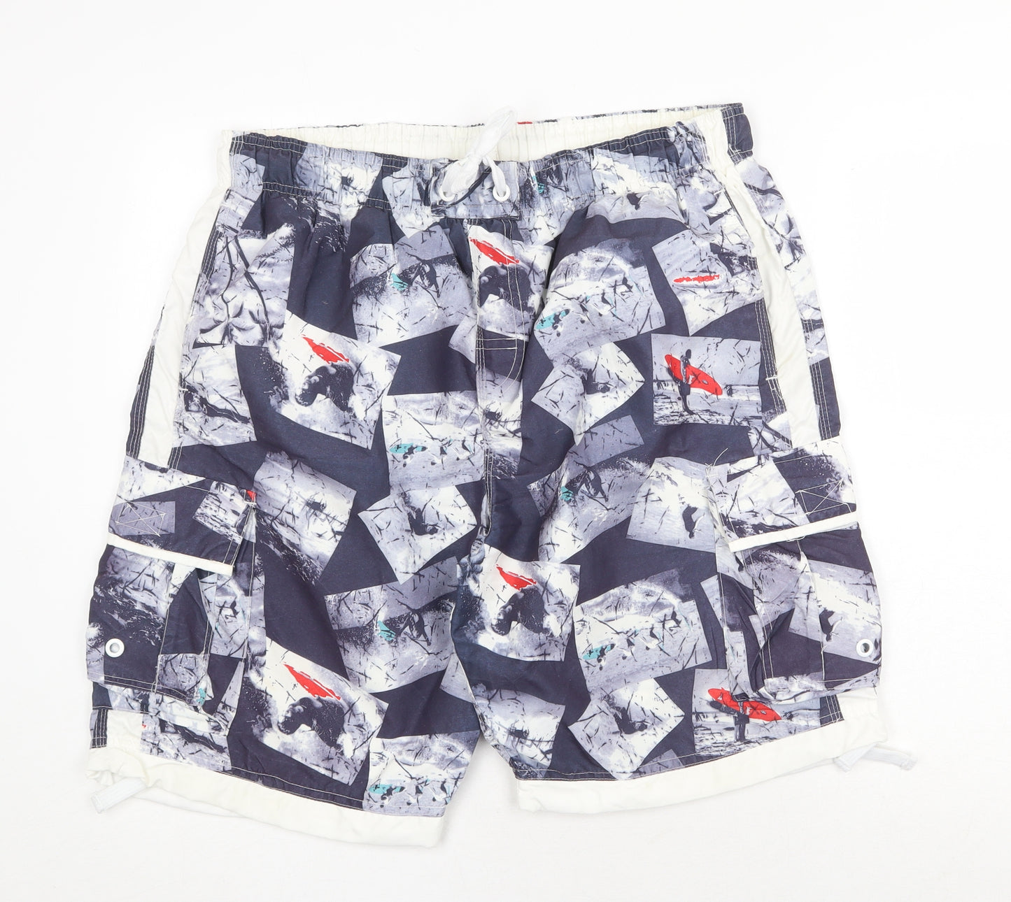 Oak Valley Mens Blue Geometric Polyester Sweat Shorts Size XL Regular Drawstring - Swim Short