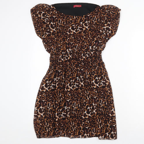 Influence Womens Brown Animal Print Polyester A-Line Size 12 Boat Neck Pullover - Leopard Print