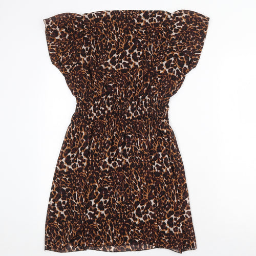 Influence Womens Brown Animal Print Polyester A-Line Size 12 Boat Neck Pullover - Leopard Print