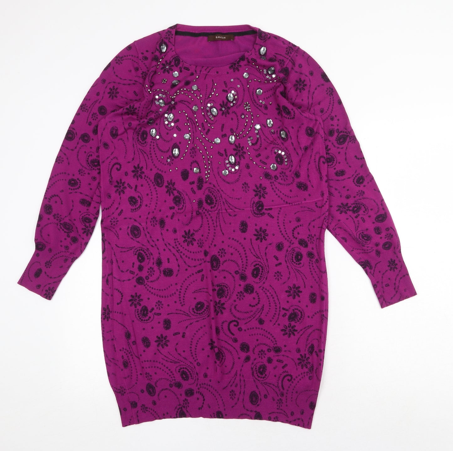 Savoir Womens Purple Geometric Viscose Jumper Dress Size 16 Scoop Neck Pullover